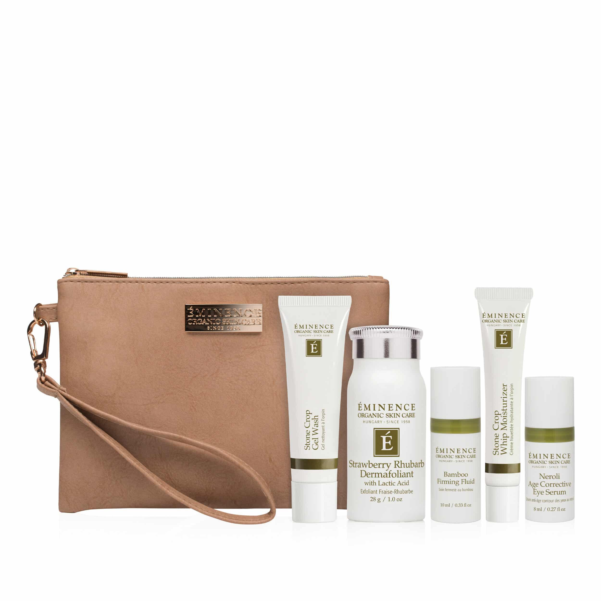 Eminence Organics Must Have Minis Collection bag with products SQ